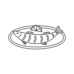Hand drawn outline grilled fish and lemon slice on the plate. Editable stroke. Doodle drawing for menu design, print, poster, banner.