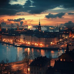 Obraz premium Stockholm cityscape at twilight. A stunning aerial view of the city's historic buildings, lit by golden sunset hues and warm city lights, reflecting on a calm river