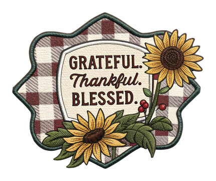 Grateful and thankful decor with sunflowers home cozy environment positive vibes. Patch concept png