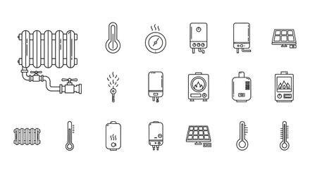Heating System Icons Radiator, Thermostat, Boiler, Solar Panel Illustrations