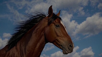 Obraz premium Brown horse galloping gracefully with its flowing mane and tail billowing in the wind, set against a vibrant blue sky dotted with fluffy white clouds