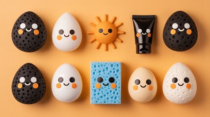 Obraz premium Cheerful skincare routine eggs sun sponge and lotion for happy healthy skin