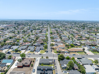 Day time aerial view of the Uptown area of Whittier with house and street, California, USA
