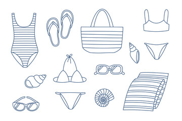 Set of hand drawn outline summer beach elements. Doodle drawing for print, poster, banner, card