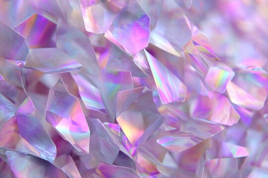 A collection of overlapping iridescent geometric shards with purple and pink hues and reflective surfaces
