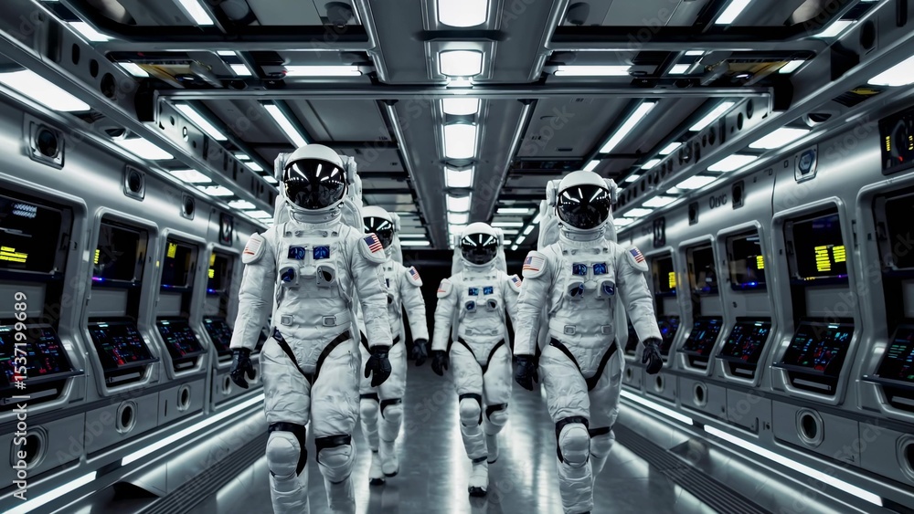 Poster american astronauts wearing spacesuits are walking in a corridor inside a futuristic spaceship, pass