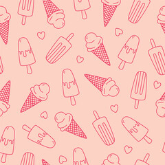 Seamless pattern with hand drawn outline ice cream. Doodle drawing for print, invitation, poster, menu design.