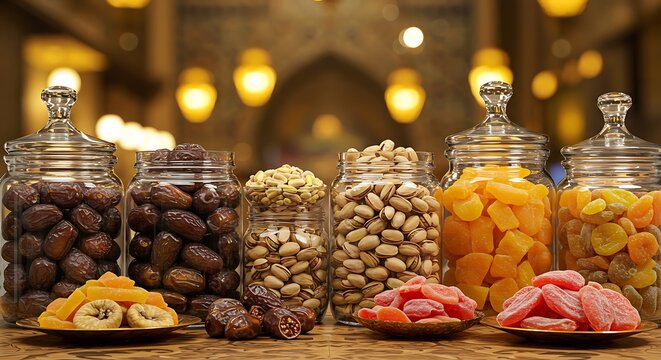 Assorted Dried Fruits and Nuts in Glass Jars with Decorative Background