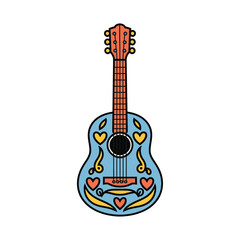 A charming, stylized acoustic guitar with a bright and playful design.