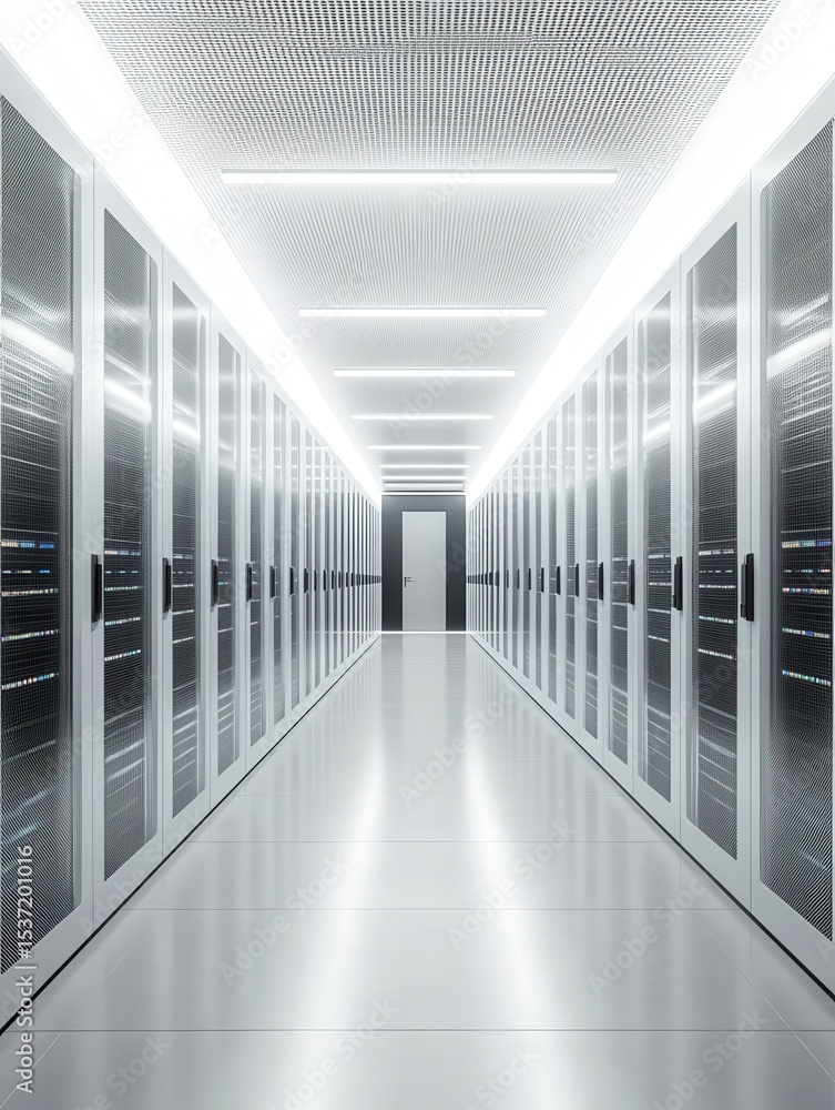 Aufkleber long corridor of modern data center with rows of illuminated servers on both sides under bright whit