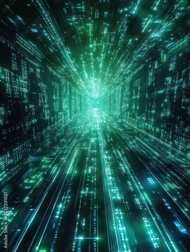 Poster quantum processor, data streams and pulses of blue-green light show deep intelligence and computing 