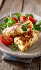 Delicious Stuffed Crepes with Fresh Vegetables and Cherry Tomatoes on a Rustic Plate