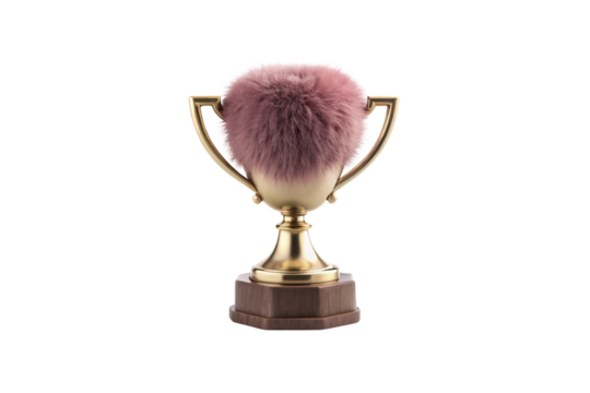 Gold trophy with pink fuzzy top and wooden base representing achievement and victory, isolated on a transparent background