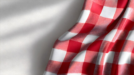 Fototapeta premium Red and white checkered fabric draped elegantly, showcasing texture and pattern, with soft shadows creating a warm and inviting atmosphere for design projects