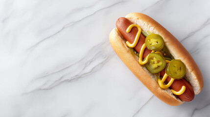 Delicious hot dog topped with mustard, jalapenos, and ketchup, served in a soft bun on a marble countertop, perfect for summer barbecues and casual dining experiences