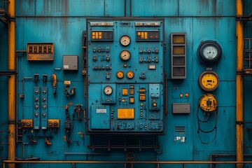 Industrial control panel displaying gauges dials and electronic components on a textured wall