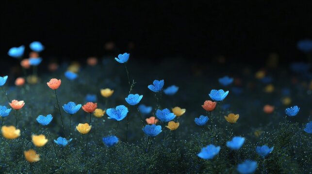 A vibrant field of small, colorful flowers glowing against a dark background