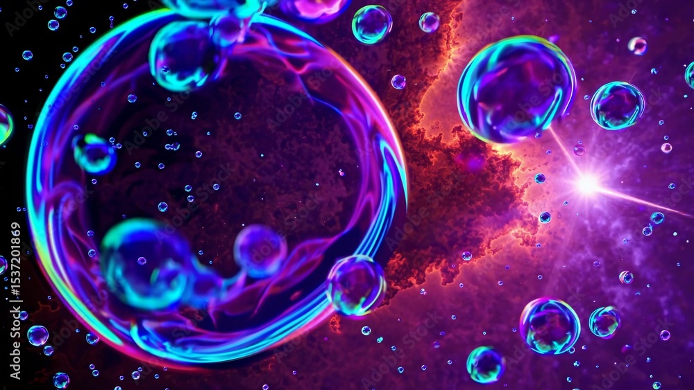 Poster colorful soap bubbles are floating in a cosmic background with bright beams of light passing through