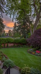 Lush garden with vibrant flowers and manicured lawn at sunset.