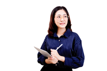 A young woman wearing glasses and a striped shirt is holding a notebook and pen, appearing thoughtful and engaged in writing or planning.
