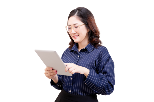 A woman wearing glasses and a striped shirt is smiling while using a tablet device.