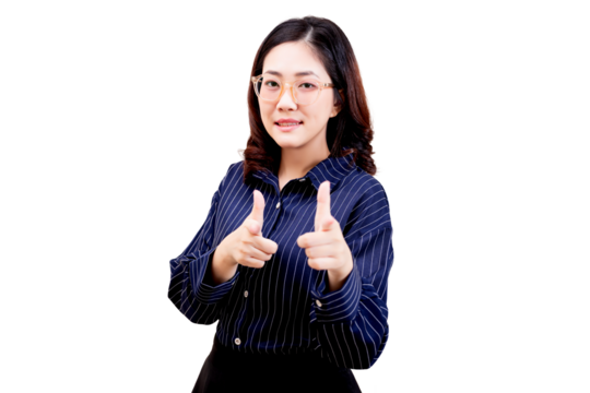 A young woman wearing glasses and a striped shirt is smiling and pointing both fingers forward in a confident, playful gesture.