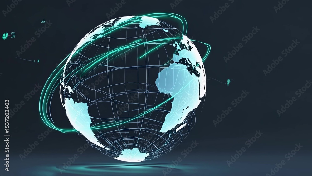 Poster glowing lines and data points encircle a rotating planet earth, symbolizing global communication, te