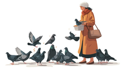 The illustration depicts a woman in a long orange coat and a white hat feeding a flock of pigeons.  She holds a container in her hands, scattering food.  The pigeons are grey and surround the