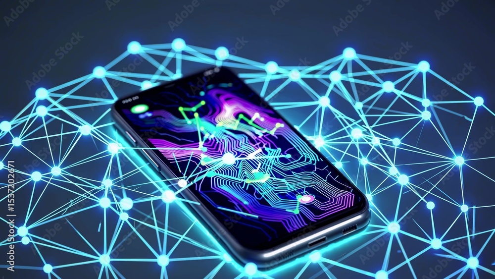 Poster futuristic smartphone featuring a vibrant interface with lines and dots, connecting to a vast networ