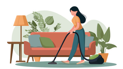 A vector illustration depicting a young woman with long black hair vacuuming a living room carpet.  The room features an orange sofa with green cushions, several potted plants, a side table with a