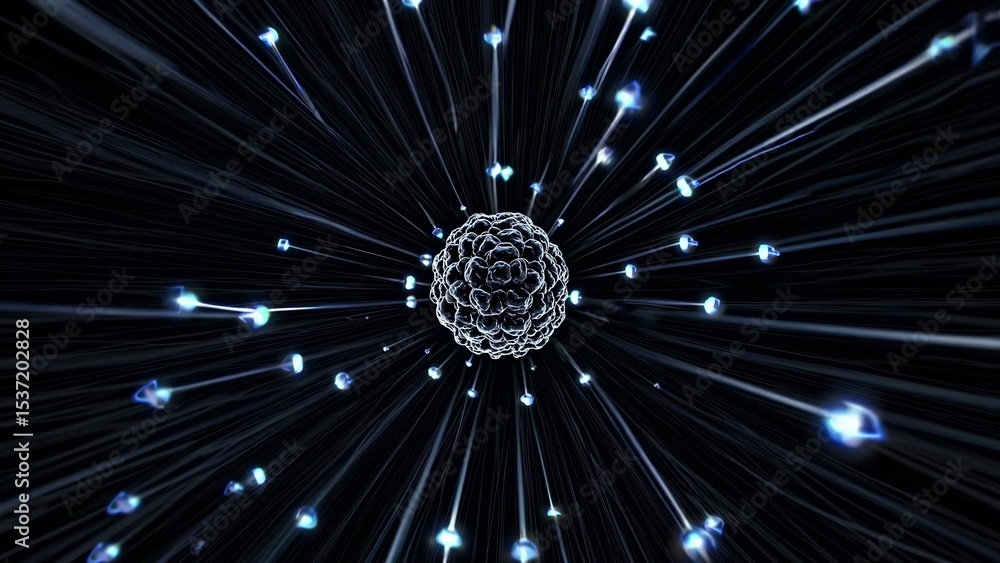 Poster abstract illustration of glowing particles emitting from a central core, creating a visually strikin