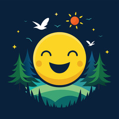 Happy Moon Cartoon in Night Forest Sky &ndash; Cute Emoji Style Illustration