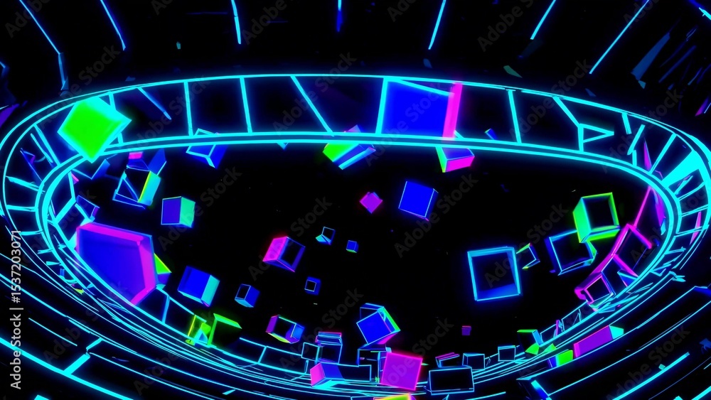 Poster colorful neon cubes are floating and rotating inside a glowing oval frame against a black background