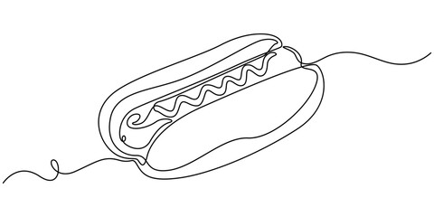 Continuous one line drawing of delicious hot dog. Minimal style. Perfect for cards, party invitations, posters, stickers, clothing. Food concept, Hot dog with mustard. Sausage in a bun. Unhealthy food