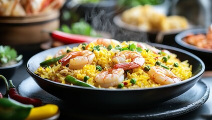 Steaming hot shrimp fried rice on plate with colorful vegetables, golden shrimp, and vibrant greens in natural lighting