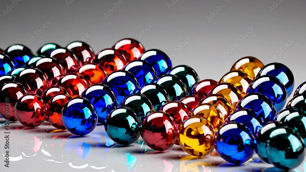 Poster multicolored glass marbles arranged in a triangular formation rest on a reflective surface, creating
