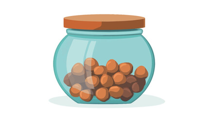 A digital illustration of a round, transparent glass jar with a light brown wooden lid. The jar is partially filled with numerous small, round, brown objects. The background is plain white. 