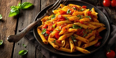 Delicious Penne Pasta with Fresh Tomatoes and Basil on Rustic Wooden Table