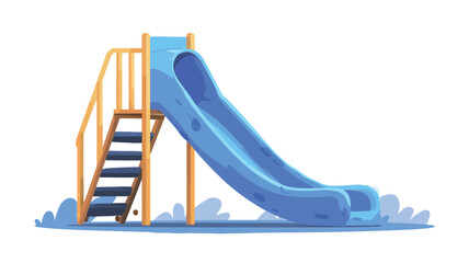 A digital illustration depicting a blue playground slide with yellow wooden stairs and railings. The slide is rendered in a cartoonish style with a slightly glossy finish.  It is set against a