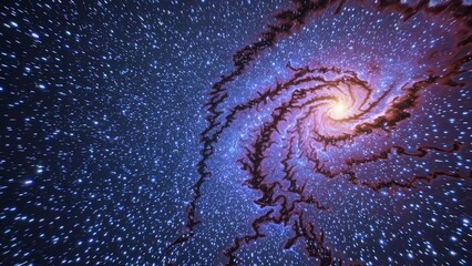 Fototapeta premium Luminous purple and orange nebula rotating clockwise, swirling through vast cosmic expanse filled with countless bright stellar points and mesmerizing galactic energy