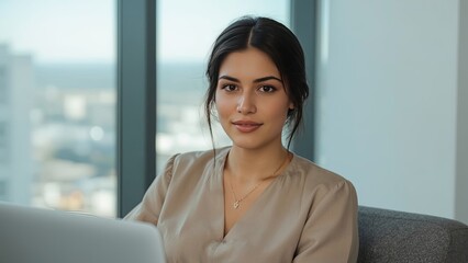 Fototapeta premium Smiling Hispanic young woman entrepreneur, happy female executive manager looking at camera sitting at workplace with laptop. Portrait of confident businesswoman leader in her 30s at work desk.