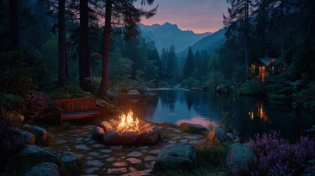 Cozy Campfire by a Lake at Dusk with Forest Surroundings