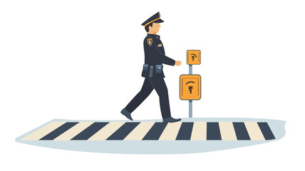 A digital illustration depicts a police officer in a dark blue uniform and cap walking across a pedestrian crossing. The crosswalk is rendered in black and white stripes on a light gray background.