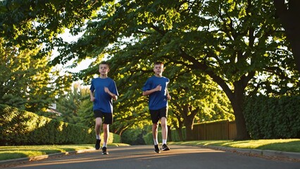 Obraz premium Two young boys wearing blue t-shirts and shorts run together down a paved road lined with trees and houses, bathed in the warm glow of the setting sun