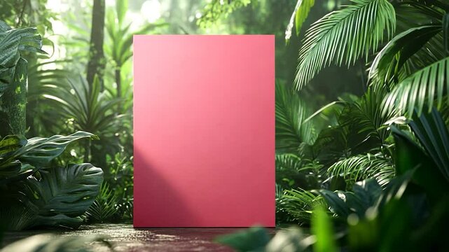 Solid pink rectangle in lush green forest environment nature and background