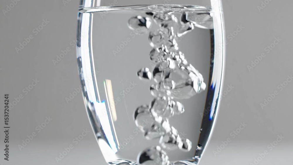 Poster crystal-clear sparkling water bubbles gracefully ascending within transparent glass, generating mesm