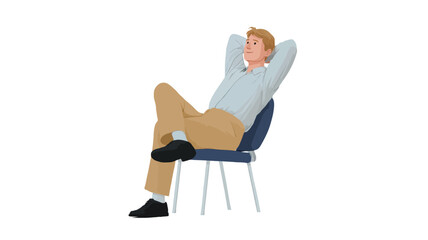 A full shot of a figurine of a man sitting in a simple, dark-blue chair against a white background.  He is casually dressed in a light blue shirt and khaki pants, with his legs crossed and his