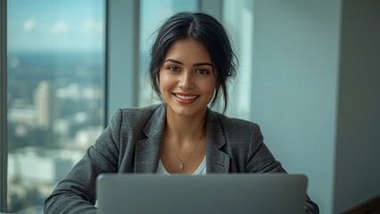 Smiling Hispanic young woman entrepreneur, happy female executive manager looking at camera sitting at workplace with laptop. Portrait of confident businesswoman leader in her 30s at work desk.
