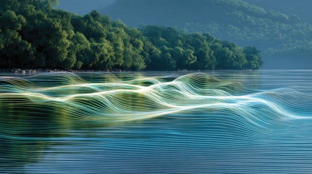 Digital Waves Over a Serene Lake with Lush Forest Background
