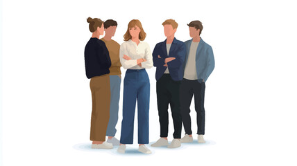The image is a digital illustration depicting a group of five young adults, three men and two women, standing together against a plain white background.  The illustration style is minimalist and